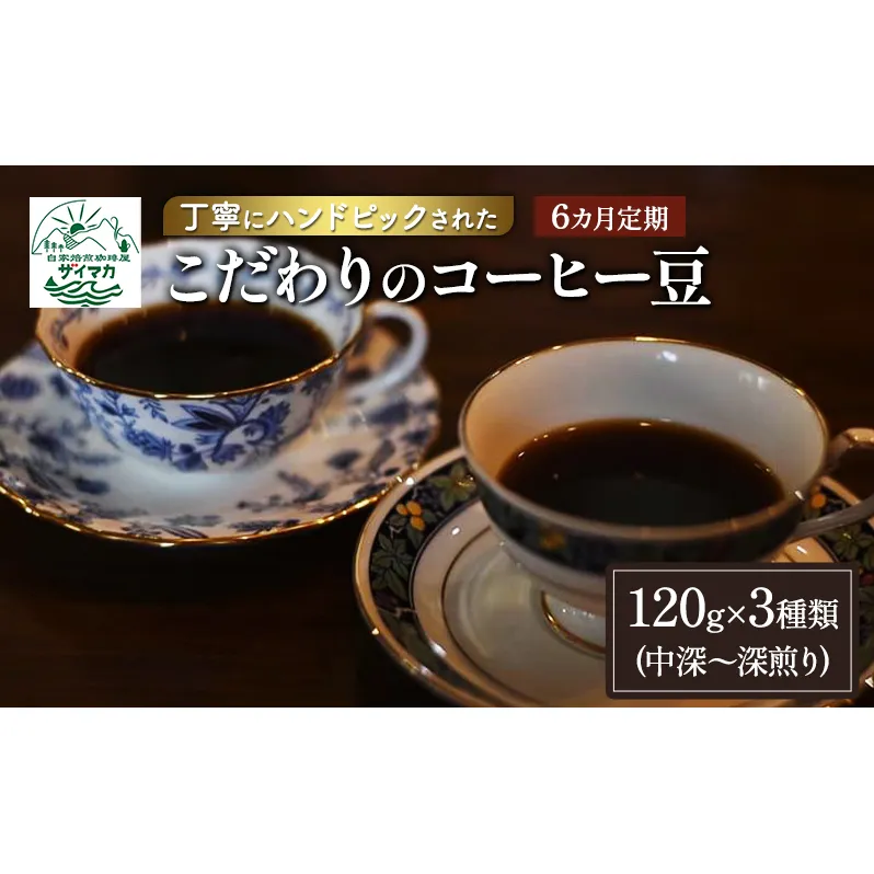 【6ヵ月定期便】丁寧にハンドピックされたこだわりのコーヒー豆120g×3種類(中深～深煎り)【粉】  珈琲 コーヒー豆 珈琲豆 豆 焙煎 自家焙煎 セット