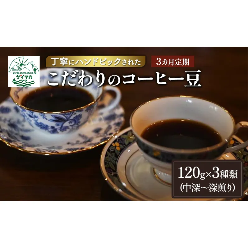 【3ヵ月定期便】丁寧にハンドピックされたこだわりのコーヒー豆120g×3種類(中深～深煎り)【豆】  珈琲 コーヒー豆 珈琲豆 豆 焙煎 自家焙煎 セット