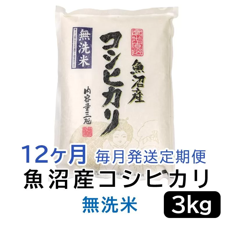 【令和6年産無洗米】お米マイスター厳選！魚沼産コシヒカリ　３kg×12ヶ月毎月発送　定期便