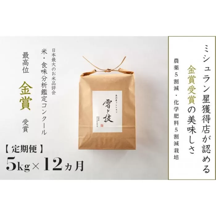 ≪ 令和6年産 新米 ≫【定期便】 5kg ×12ヶ月 金賞受賞 魚沼産コシヒカリ 雪と技　農薬5割減・化学肥料5割減栽培