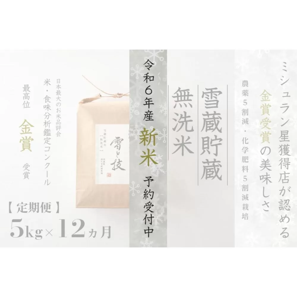 ≪ 令和6年産 新米 先行予約 ≫【定期便】 5kg ×12ヶ月《 雪蔵貯蔵 無洗米 》 金賞受賞 魚沼産コシヒカリ 雪と技   農薬5割減・化学肥料5割減栽培