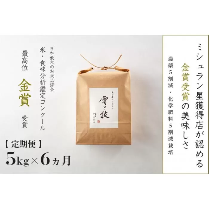 ≪ 令和6年産 新米 ≫【定期便】 5kg ×6ヶ月 金賞受賞 魚沼産コシヒカリ 雪と技　農薬5割減・化学肥料5割減栽培