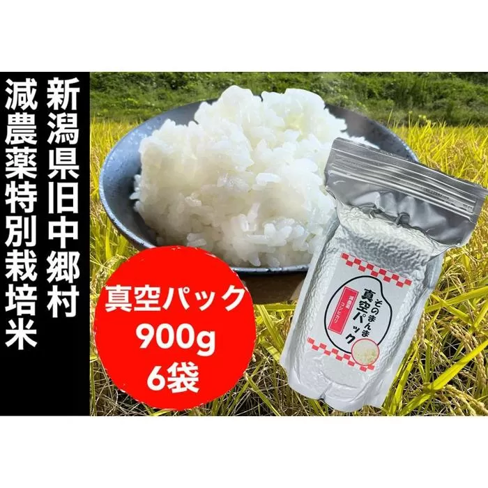 【令和５年度産】新潟県減農薬特別栽培米 そのまんま真空パック  900ｇ×6袋セット