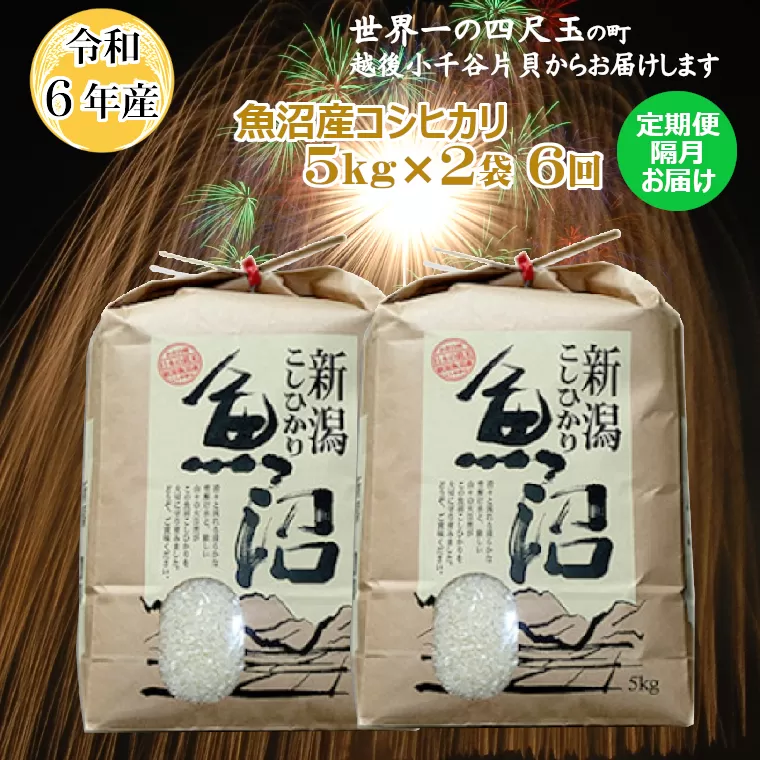 K151P310 ＜令和6年産＞魚沼産コシヒカリ定期便 5kg2袋×6回（隔月お届け）【(有)米萬商店】世界一の四尺玉の町片貝町 白米 魚沼 米 定期便