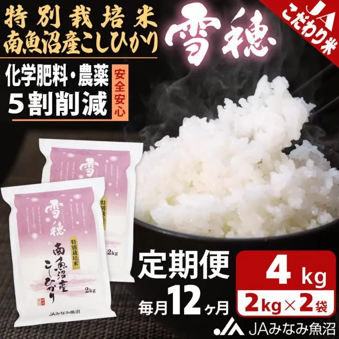 【JAみなみ魚沼定期便】特別栽培米南魚沼産こしひかり「雪穂」（2kg×2袋×全12回）