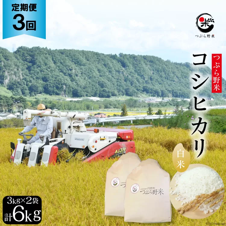 米 3回 定期便 つぶら野米 コシヒカリ 白米 3kg×2袋×3回 総計18kg [つぶら野米 山梨県 韮崎市 20741641] こめ コメ お米 精米 こしひかり