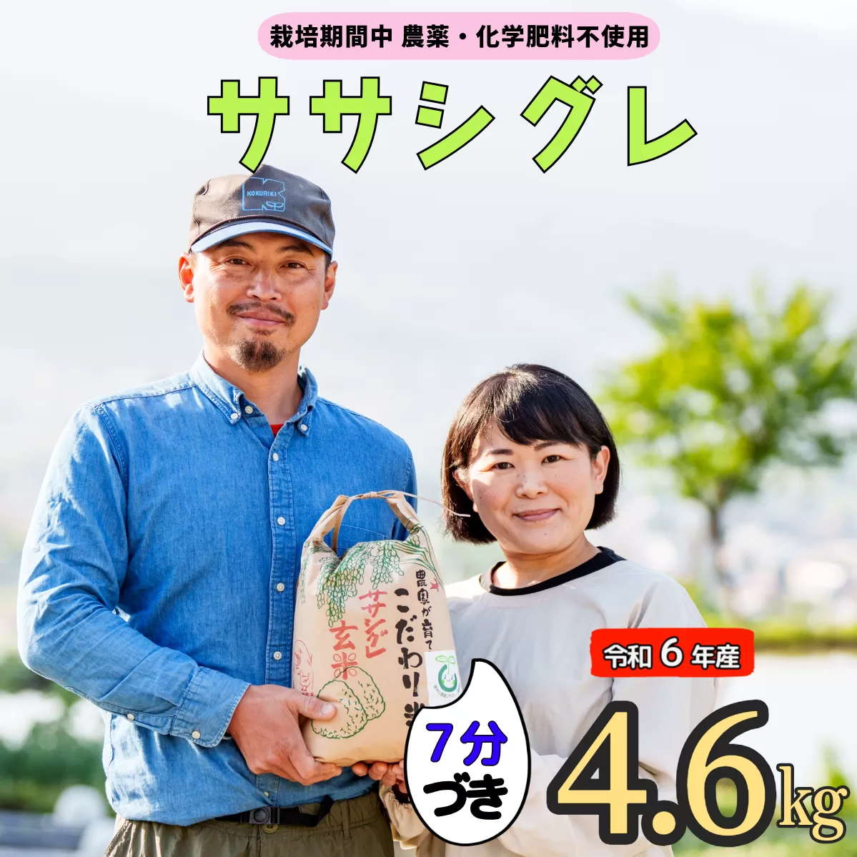 令和６年産 【栽培期間中 農薬・化学肥料不使用】ササシグレ(７分づき)4.6kg真空包装(6-50A)