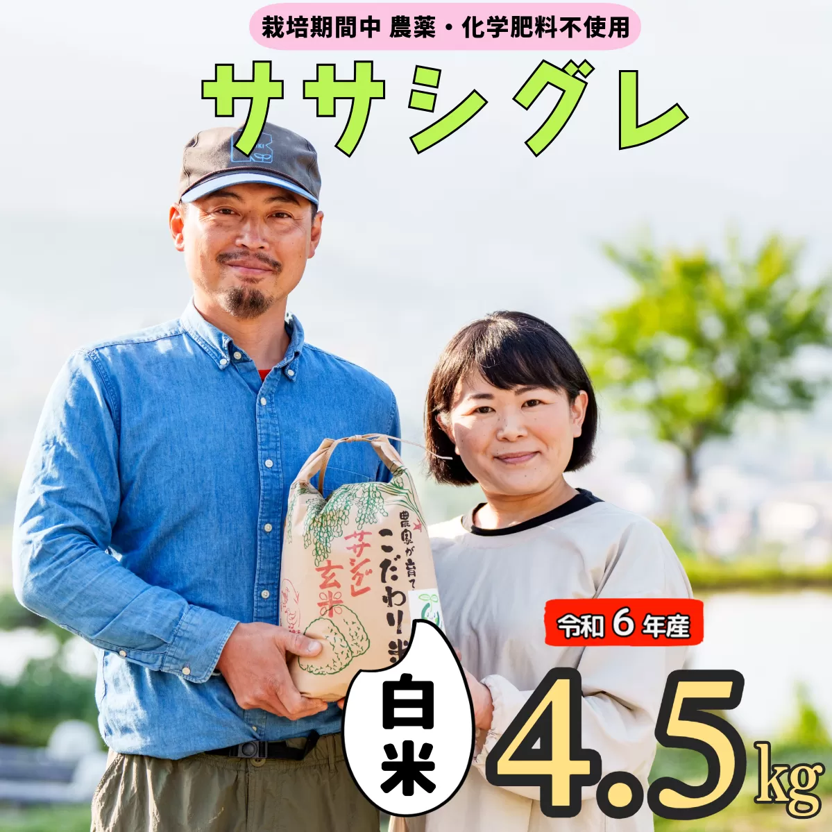 令和６年産 【栽培期間中 農薬・化学肥料不使用】ササシグレ(白米)4.5kg真空包装（6-49A）