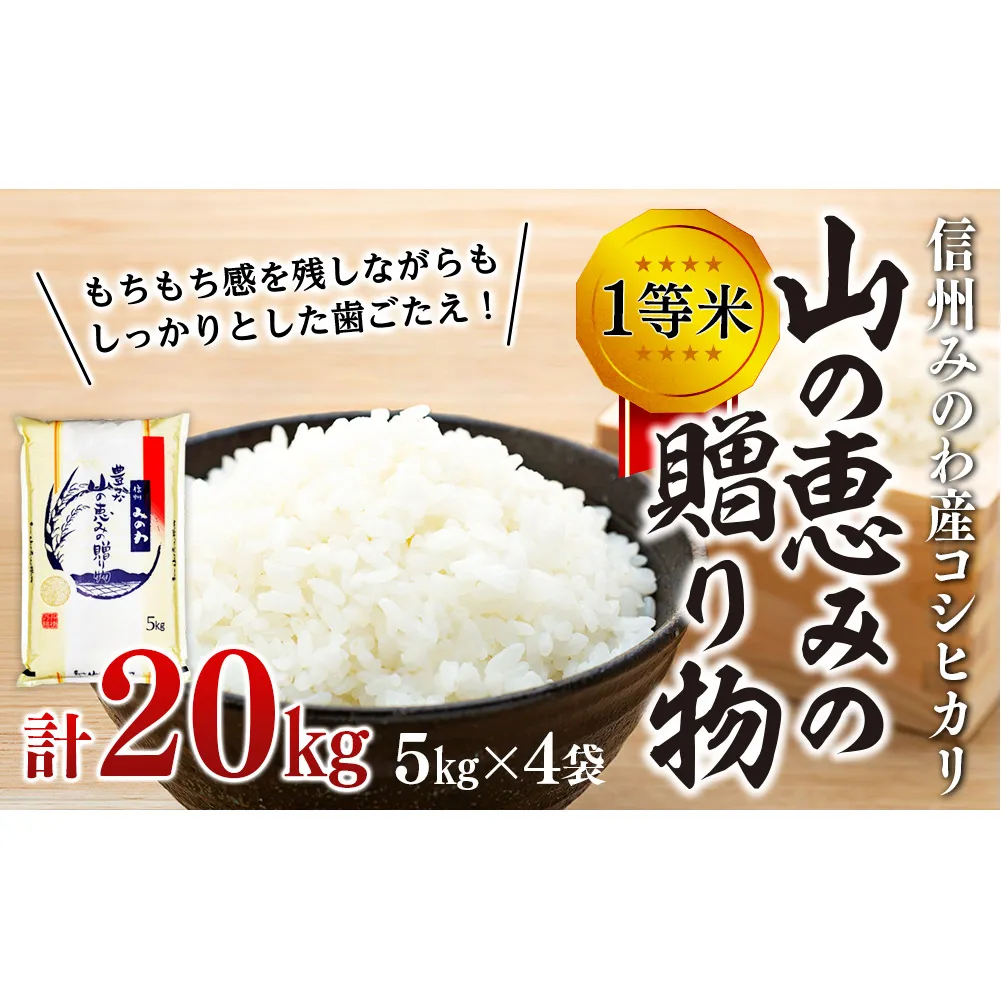 【令和6年度】信州産 コシヒカリ 1等米 「山の恵みの贈り物」 20kg（5kg×4袋） （ お米 コシヒカリ 白米 搗きたて米 低温貯蔵米 食品 )