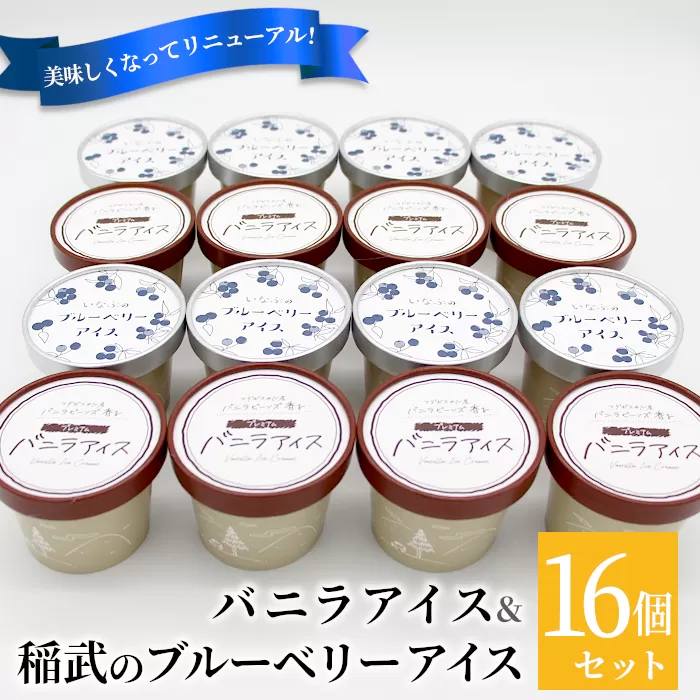 マダガスカル産バニラビーンズ香る！バニラアイスクリーム& いなぶのブルーベリーアイス　(80ml)×16個セット 