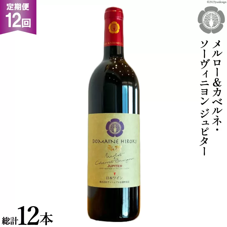 12回 定期便 ワイン メルロー＆カベルネ・ソーヴィニョン ジュピター 750ml×1本 計12本 [ヴィニョブル安曇野(ドメーヌ・ヒロキ) 長野県 池田町 48110604] 赤ワイン 赤 酒 お酒 果実酒 フルーティ