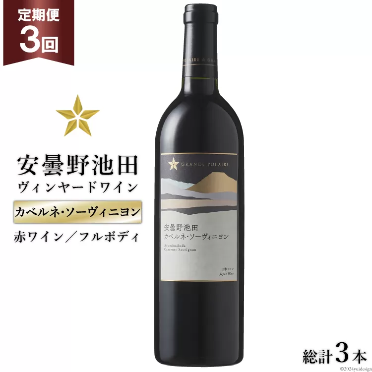 3回 定期便 赤ワイン サッポロ グランポレール 安曇野池田ヴィンヤード「カベルネ・ソーヴィニヨン」750ml 総計3本 [池田町ハーブセンター 長野県 池田町 48110624] 赤 ワイン フルボディ 濃厚 凝縮 お酒 酒