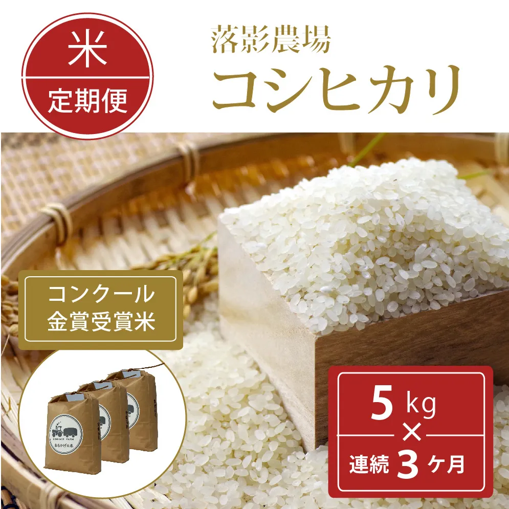 【定期便】令和6年産新米「信濃町産コシヒカリ５キロ×３ヶ月」11月半ば以降出荷｜落影農場のコンクール金賞受賞米【長野県信濃町ふるさと納税】