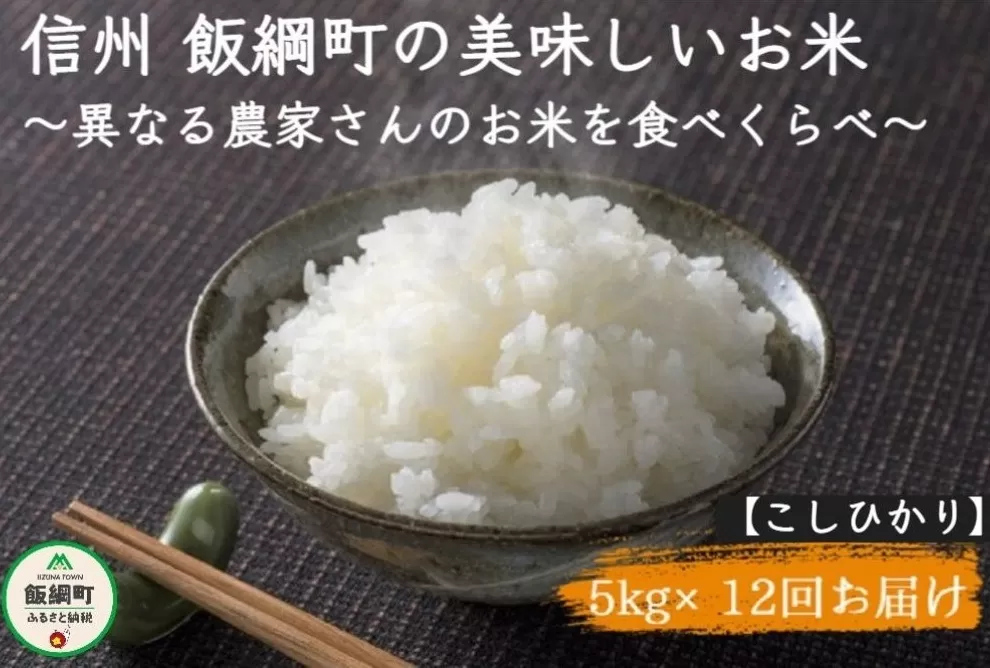 [1109]信州飯綱町　美味しいお米の定期便　5kg×12回 ＜品種おまかせ＞ ※沖縄および離島への配送不可　長野県飯綱町