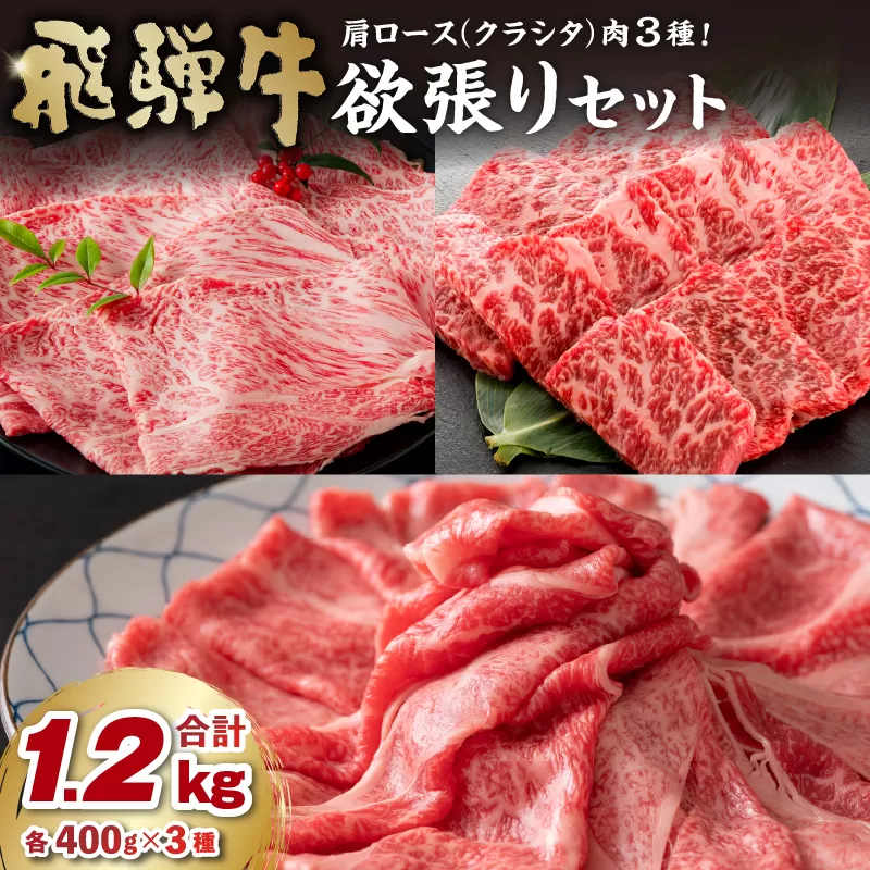 飛騨牛欲張りセット 肩ロース(クラシタ)肉(すき焼き用・しゃぶしゃぶ用・焼き肉用)各400g 0016-044 お肉 肉 牛肉 ブランド牛 ブランド和牛 柔らかい 旨味 霜降り お取り寄せ グルメ