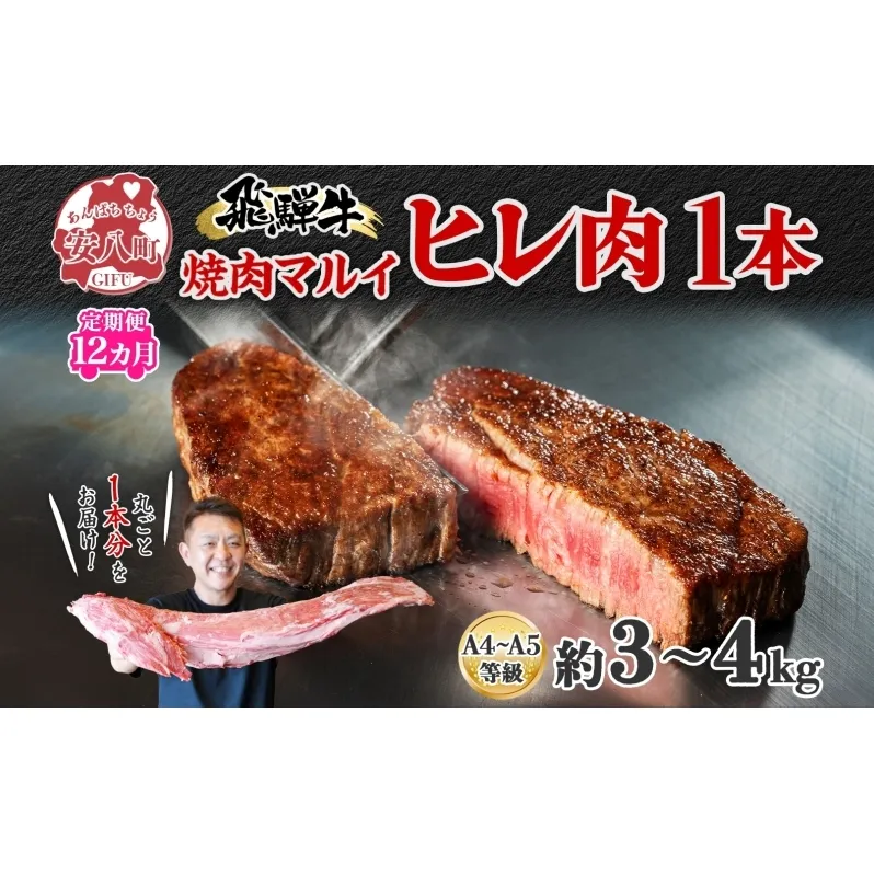 定期便 12ヶ月 飛騨牛 ヒレ肉 1本 A4～A5等級 約3～4kg  3割×6  ヒレ シャトーブリアン 肉 牛肉 ブランド牛 お肉 和牛 贅沢 お取り寄せ ご褒美 ステーキ 豪華 グルメ 焼肉 BBQ ギフト 贈り物 自家用 贈答用 送料無料 焼肉マルイ 岐阜県 安八町