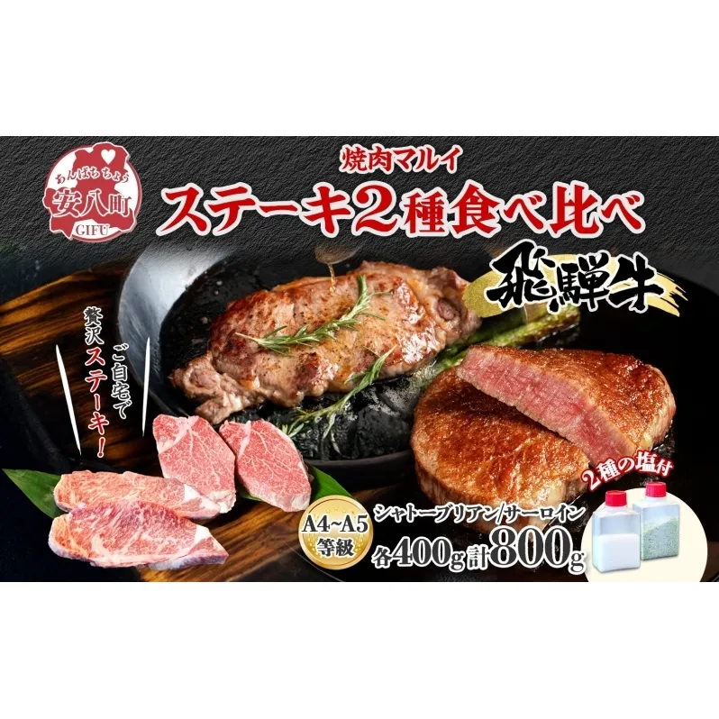 飛騨牛 ステーキ 2種 食べ比べ 計約800g シャトーブリアン サーロイン 各約400g 肉 牛肉 和牛 ブランド牛 お肉 ビーフ A4ランク A5ランク 国産 お取り寄せ ご褒美 豪華 グルメ 焼肉 BBQ 人気 贈り物 自家用 贈答用 送料無料 焼肉マルイ 岐阜県 安八町