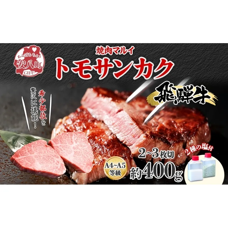 飛騨牛 トモサンカク ステーキ 約400g 2～3枚切り 肉 牛肉 和牛 ブランド牛 お肉 ビーフ A4ランク A5ランク 国産 お取り寄せ ご褒美 豪華 グルメ 焼肉 BBQ パーティー ギフト 人気 贈り物 自家用 贈答用 御礼 プレゼント 送料無料 焼肉マルイ 岐阜県 安八町