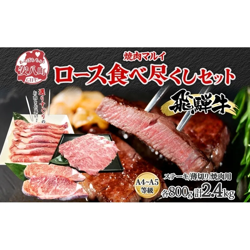 飛騨牛 ロース 食べつくし 約2.4kg  ステーキ 薄切り 焼肉用 各約800g A4ランク A5ランク お肉 牛肉 和牛 国産 ブランド牛 お家焼肉 バーベキュー BBQ 柔らかい 霜降り 旨み 真空パック 冷蔵 タレ付き 自家用 ギフト 送料無料 焼肉マルイ 岐阜県 安八町