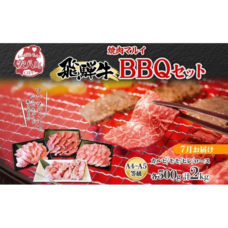 ＜7月に届く＞飛騨牛 BBQ セット 約2kg カルビ 焼肉 モモ ヒレ ロース串 各約500g お肉 牛肉 和牛 国産 ブランド牛 バーべキュー お家焼肉 赤身 冷蔵 真空パック タレ付き 送料無料 焼肉マルイ 岐阜県 安八町