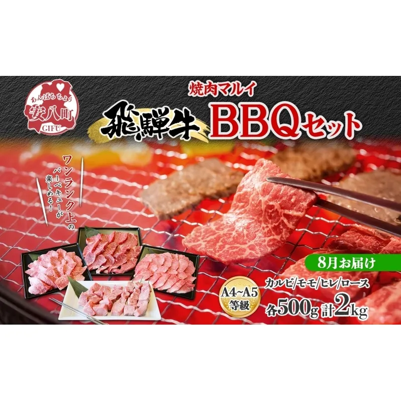 ＜8月に届く＞飛騨牛 BBQ セット 約2kg カルビ 焼肉 モモ ヒレ ロース串 各約500g お肉 牛肉 和牛 国産 ブランド牛 バーべキュー お家焼肉 赤身 冷蔵 真空パック タレ付き 送料無料 焼肉マルイ 岐阜県 安八町