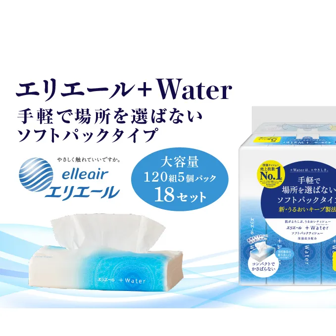 ティッシュ エリエール +Water プラスウォーター ソフトパック 120組 5パック 18個 セット ティッシュペーパー ティシュー ティシューペーパー 保湿 保湿ティッシュ 日用品 消耗品 静岡 静岡県 島田市