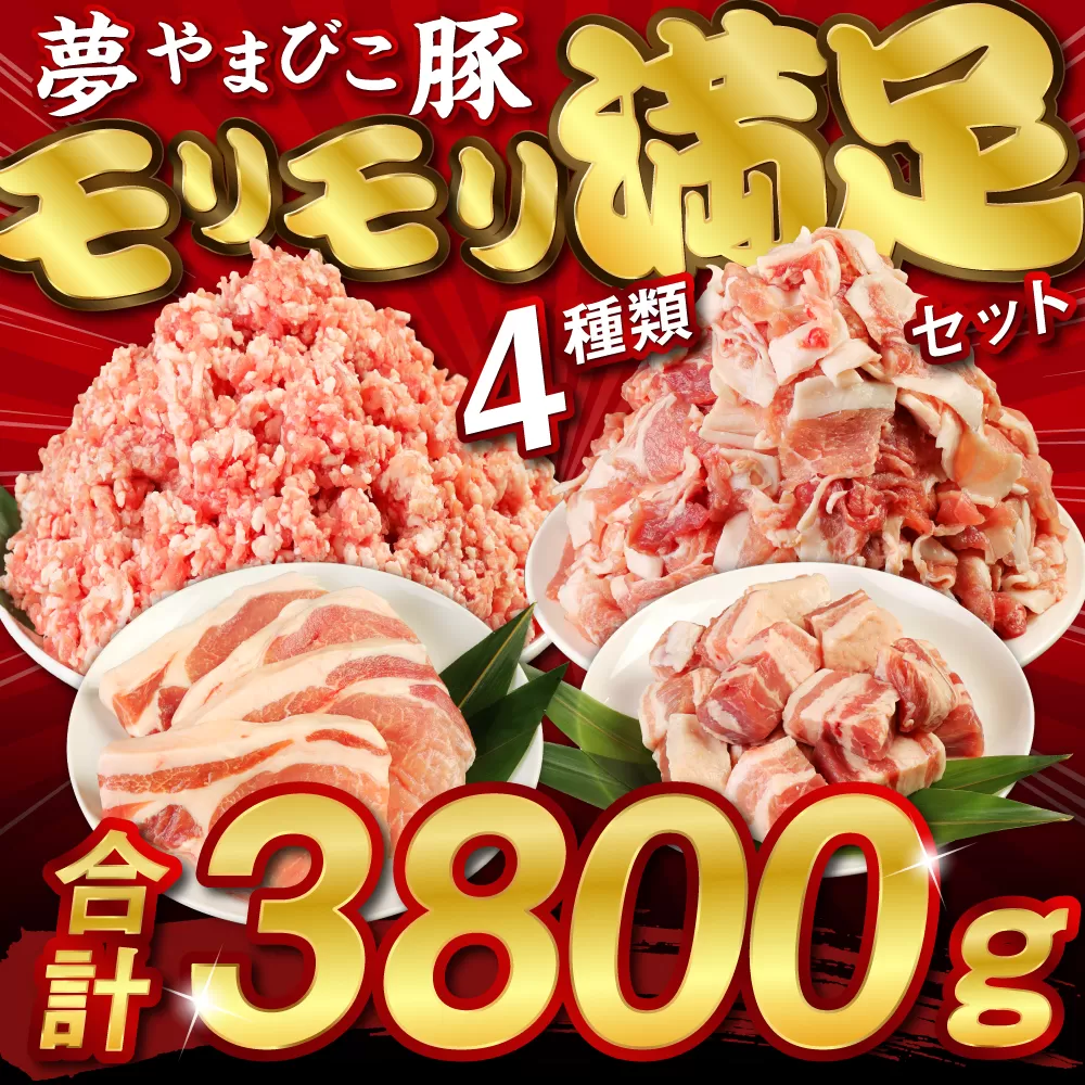 やまびこ豚 計3.8kg セット 小間切 ミンチ ロースかつ バラ角切 豚肉 小分け 真空パック 肉 お肉