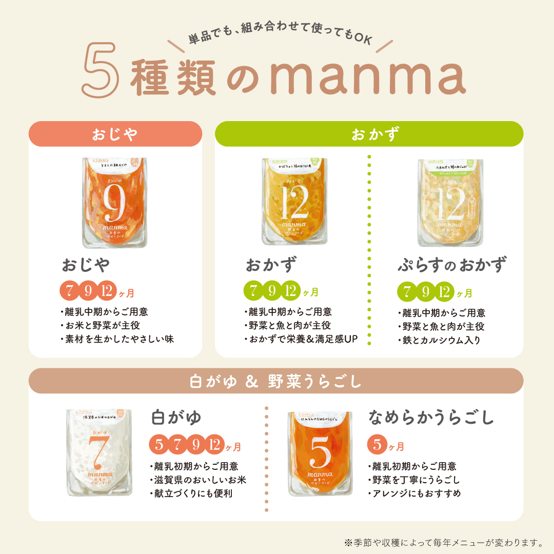 manma 四季のベビーフード [5か月・7か月・9か月] 16個セット｜国産 保存料不使用 おかゆ 離乳食 レトルト パウチ 赤ちゃん 滋賀県産  [0201]｜湖南市｜滋賀県｜返礼品をさがす｜まいふる by AEON CARD