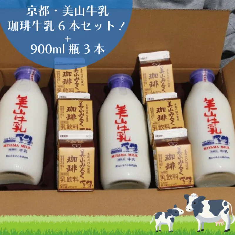 牛乳 京都 美山牛乳 瓶 900ml ×3本 珈琲牛乳 200ml ×6本 詰め合わせ セット 美山町 お取り寄せ コーヒー牛乳 パック ※北海道・沖縄・離島への発送不可