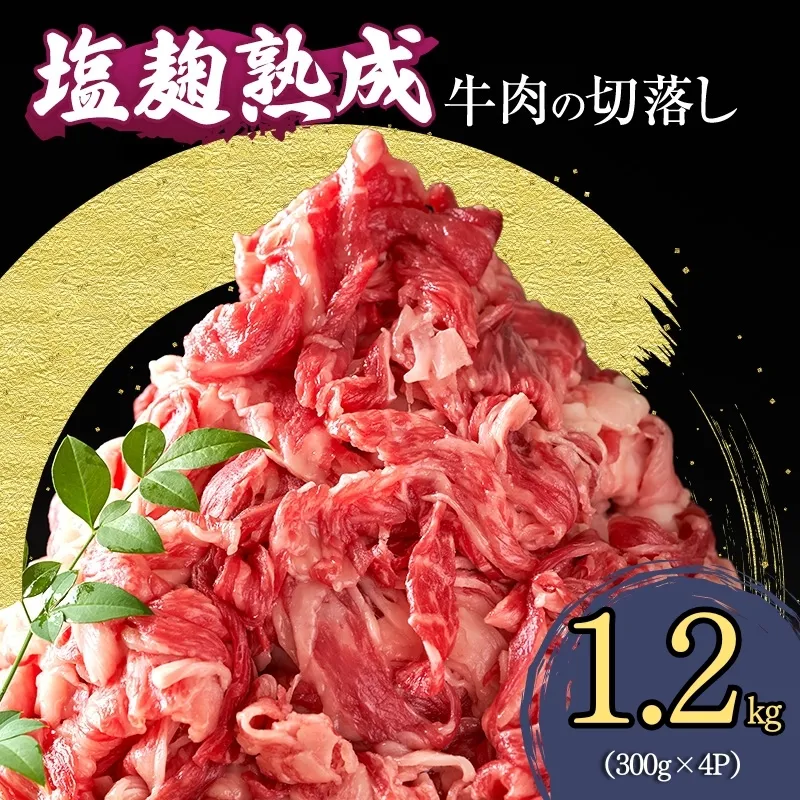 【訳あり】牛肉 切り落とし肉 1.2kg (300g×4パック) 塩麹熟成穀物肥育牛 牛肉 牛 お肉 肉 切り落とし 牛切り落とし 小分けパック 小分け 炒め物 焼き肉 焼肉 アウトドア キャンプ BBQ 冷凍 京都 京都府 南丹市