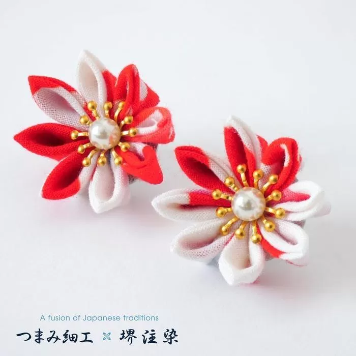 花舞うイヤリング「つまみ細工×堺注染」（赤）