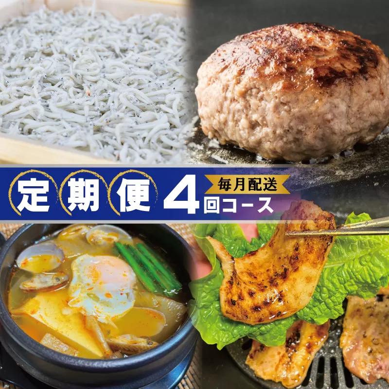 店主セレクト 食べ比べ 定期便 全4回（ハンバーグ／しらす／スンドゥブチゲ／サムギョプサル）【毎月配送コース】