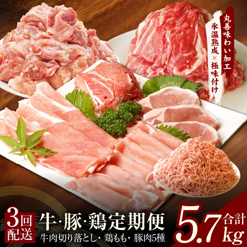 牛・豚・鶏 定期便 7種 総量5.7kg（牛肉切り落とし／カット済み 鶏もも／豚肉5種 食べ比べ）全3回 丸善味わい加工【毎月発送コース】