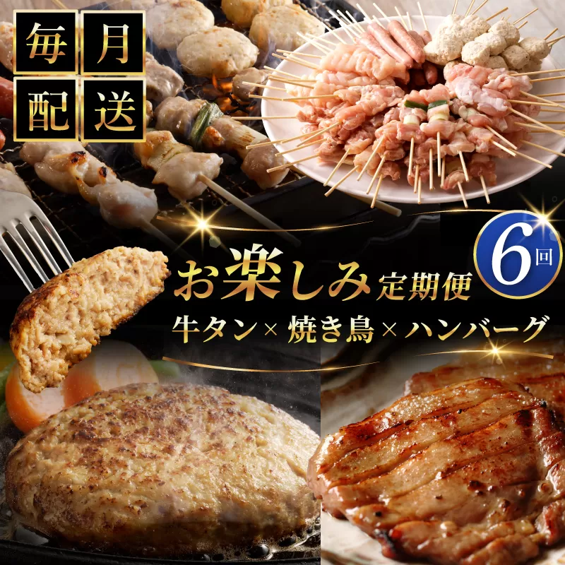 桜文 お楽しみ 定期便 全6回（焼き鳥／牛タン／黒毛和牛入り BIGハンバーグ）【毎月配送コース】