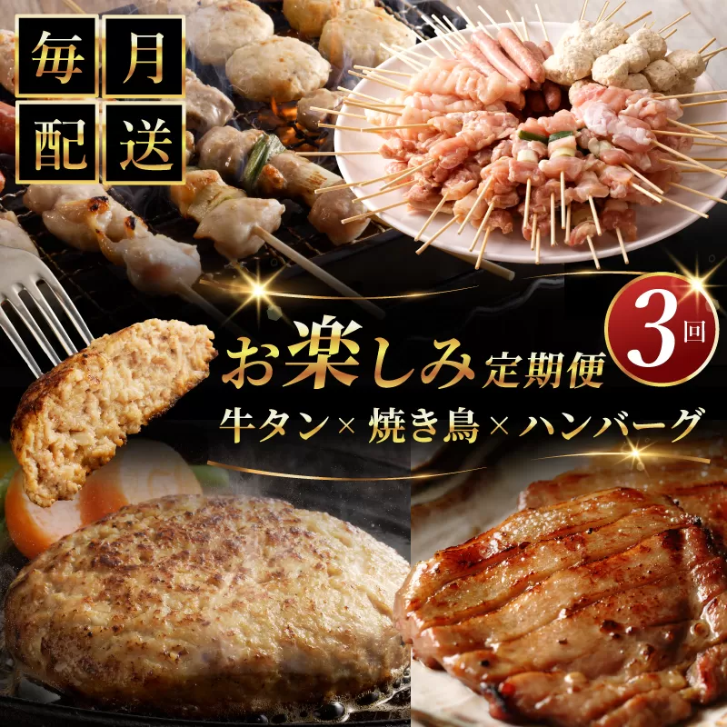 桜文 お楽しみ 定期便 全3回（焼き鳥／牛タン／黒毛和牛入り BIGハンバーグ）【毎月配送コース】