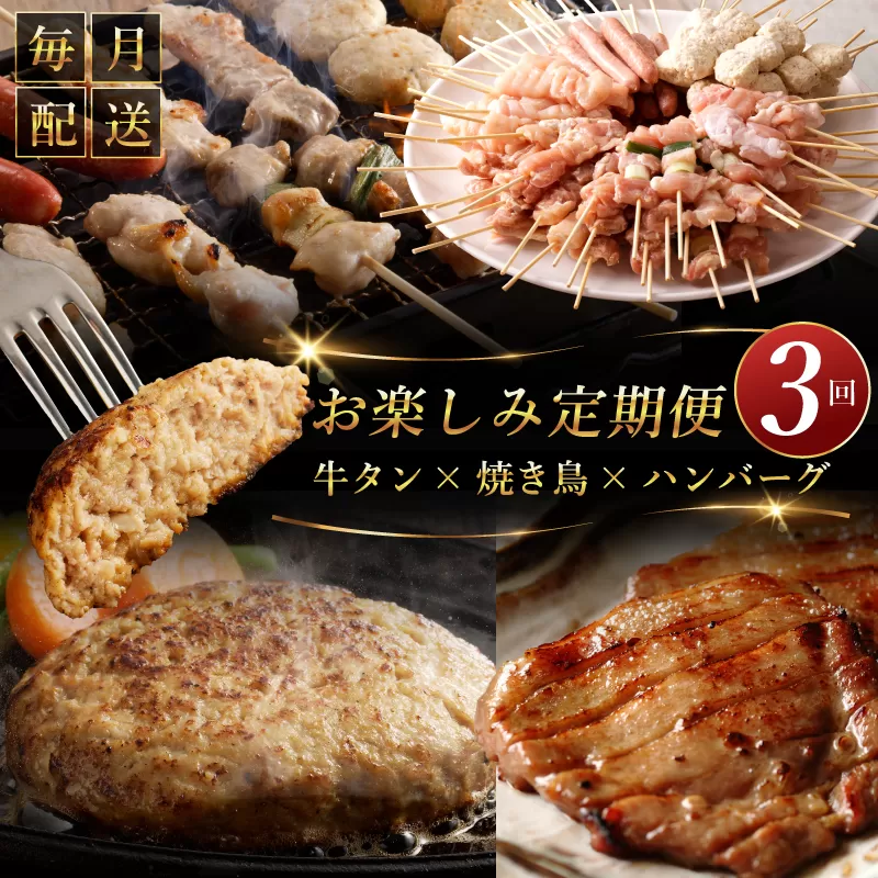 桜文 お楽しみ 定期便 全3回（焼き鳥／牛タン／黒毛和牛入り BIGハンバーグ）【毎月配送コース】