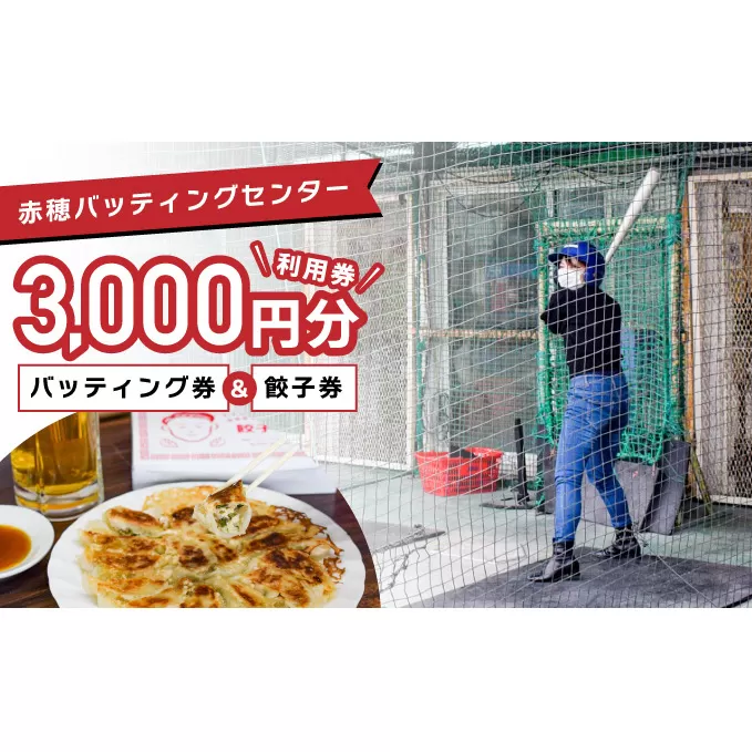 餃子屋併設の「赤穂バッティングセンター」利用券３０００円分/バッティング・餃子両方に使える