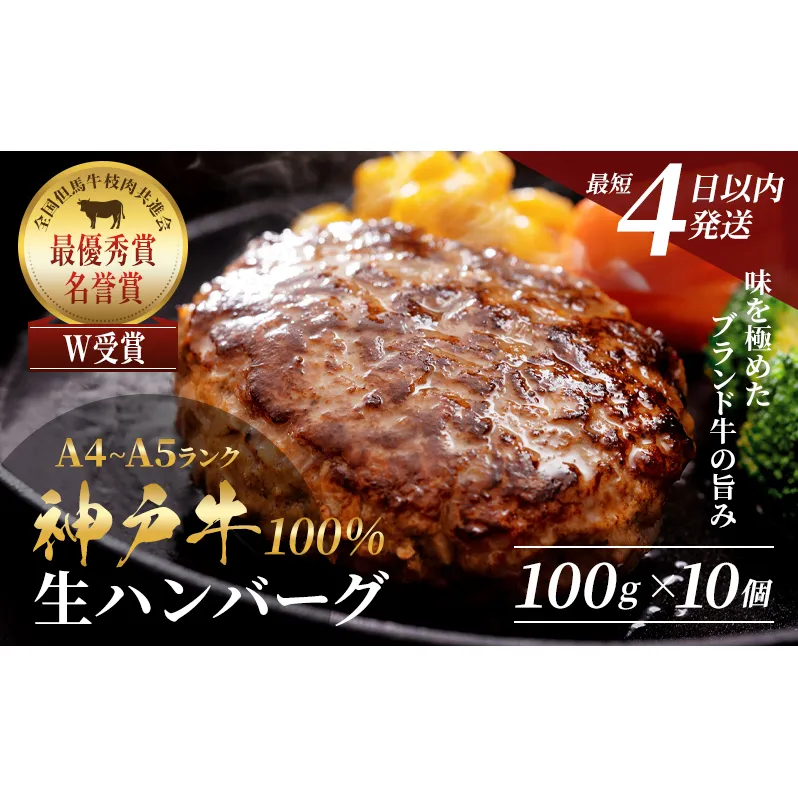 神戸牛 ハンバーグ 100g×10個  神戸ビーフ 国産 普段使い 肉 牛肉 セット 冷凍 小分け 帝神志方