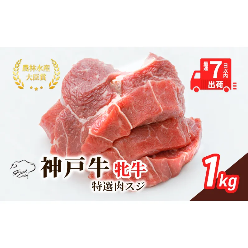 【最短7日以内発送】 神戸ビーフ 神戸牛 牝 特選肉スジ（角切りカレー煮込み用）大容量 1000g  1kg 川岸畜産 煮込み おでん カレー 冷凍 肉 牛肉 すぐ届く