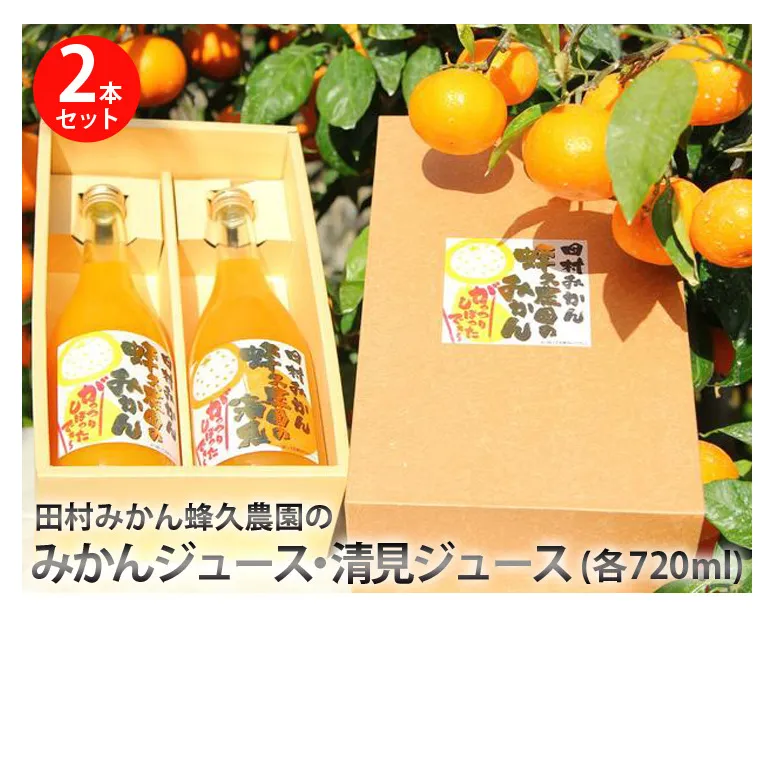 田村みかん蜂久農園のしぼったでぇお得セット　みかんジュース(720ml×1本)・清見ジュース(720ml×1本)　※2021年4月上旬頃～2021年12月下旬頃より順次発送予定