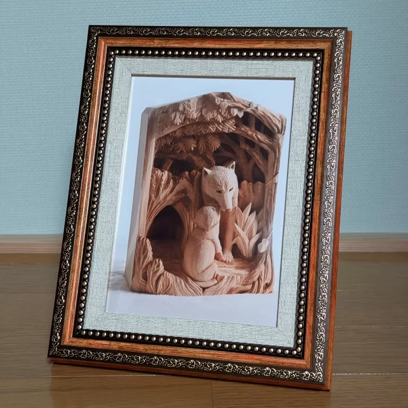 幻のニホンオオカミ　木彫りアート写真（2L判） / 木彫り 彫刻 アート 写真