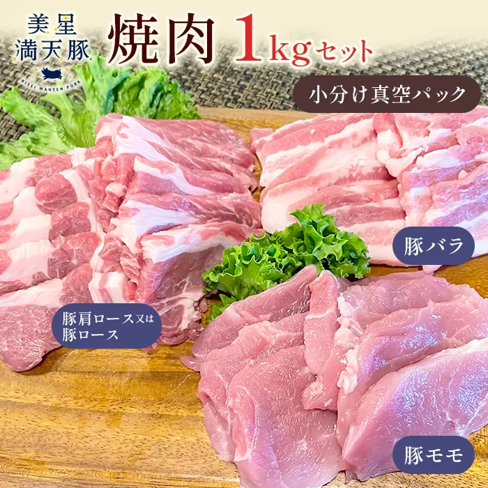 美星満天豚 焼肉 1.0kgセット（豚肩ロース又は豚ロース、豚バラ、豚モモ）小分け真空パック