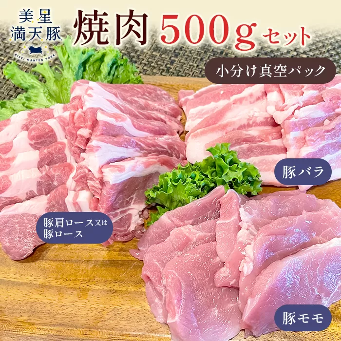 美星満天豚 焼肉 500gセット（豚肩ロース又は豚ロース、豚バラ、豚モモ）小分け真空パック