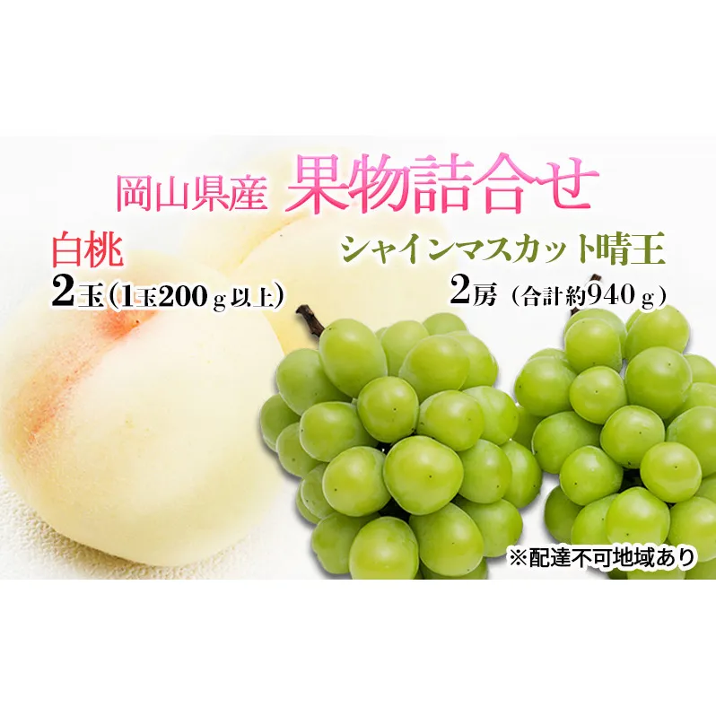 桃 ぶどう 2024年 先行予約 果物詰合せ 白桃 2玉（1玉200g以上） シャイン マスカット 晴王 2房（合計約940g）化粧箱入り 岡山県産 国産 フルーツ ギフト