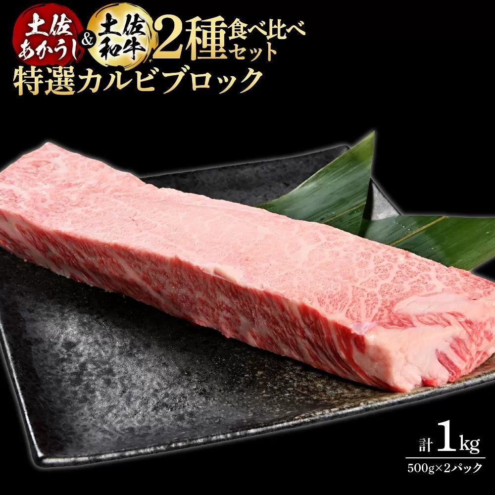 熟成肉　土佐あかうし＆土佐和牛2種食べ比べ　特選カルビブロック　約1kg（約500g×各1）