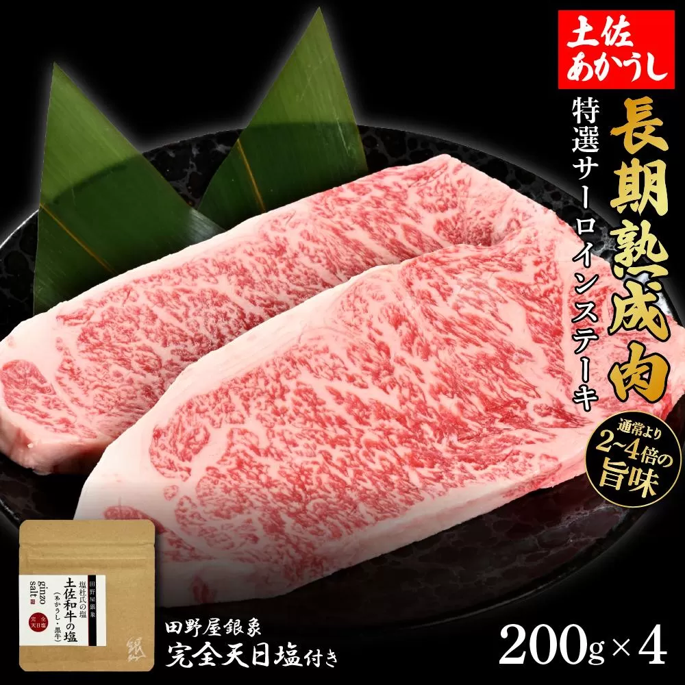 熟成肉　土佐あかうし　特選サーロインステーキ　約800g（約200g×4）　田野屋銀象完全天日塩付き