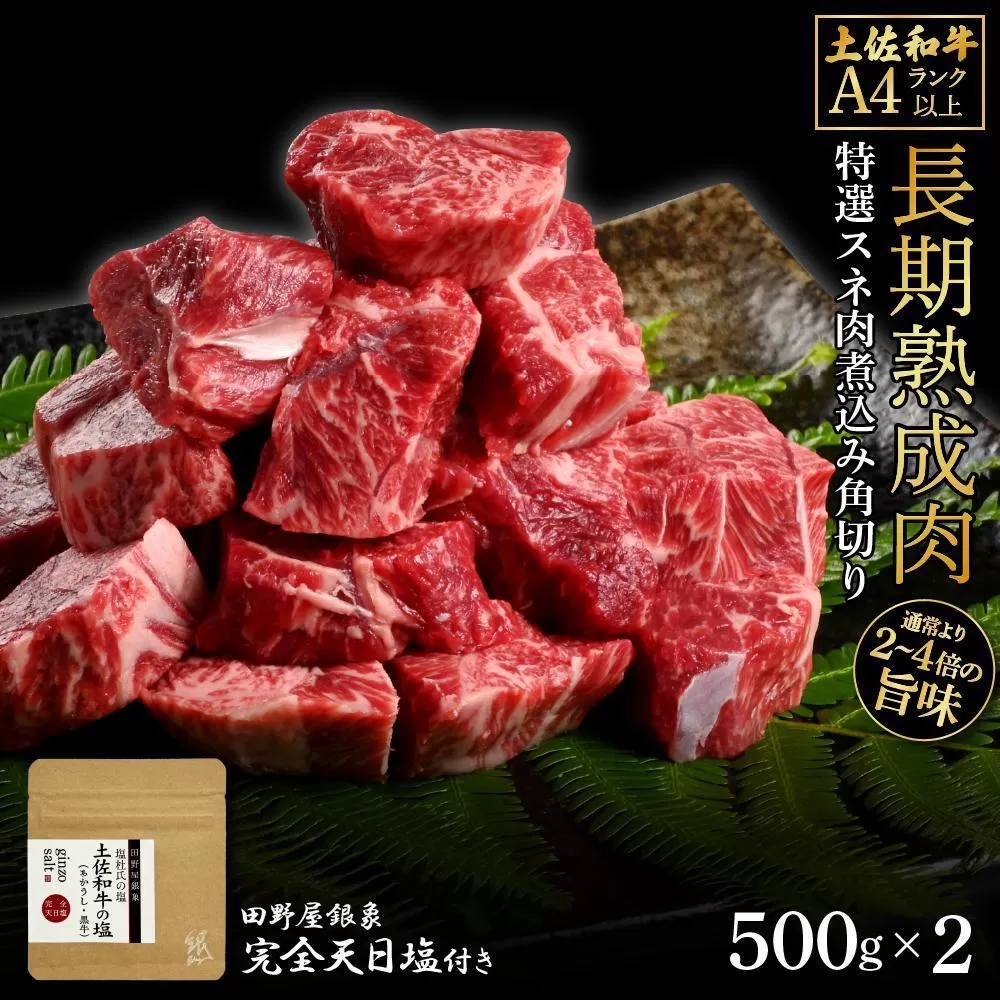 熟成肉　土佐和牛　特選スネ肉煮込み角切り　約1kg（約500g×2）　田野屋銀象完全天日塩付き