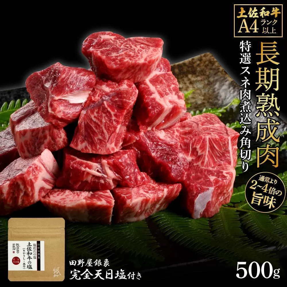 熟成肉　土佐和牛　特選スネ肉煮込み角切り　約500g　田野屋銀象完全天日塩付き