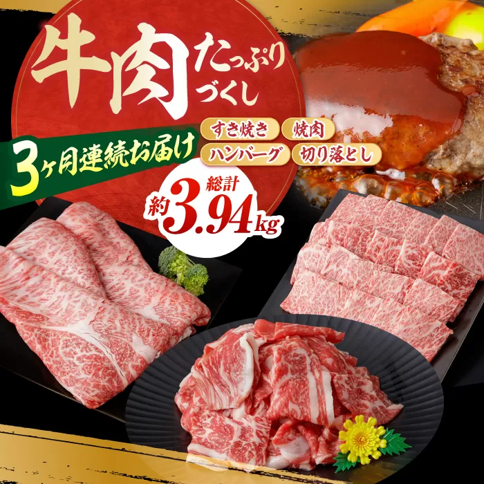 【3回定期便】お肉の定期便 たっぷり牛肉尽くしセット (3ヵ月) 総計約3.94kg 国産 牛肉 すき焼き すきやき 焼肉 切り落とし ハンバーグ 【(有)山重食肉】 [ATAP072]