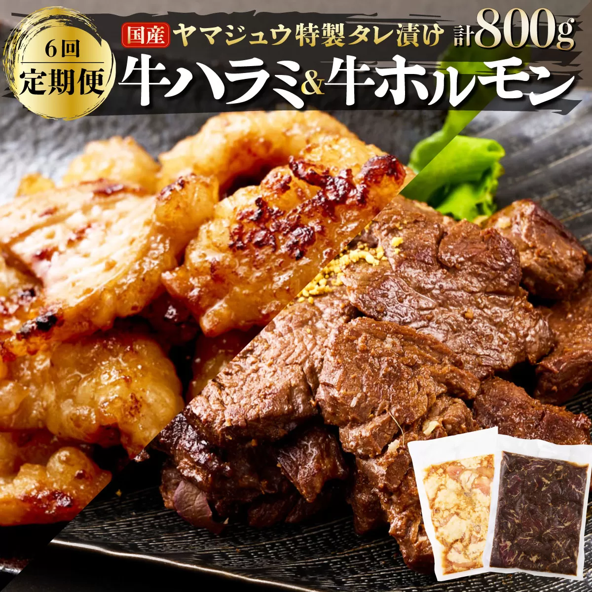 ヤマジュウの特選タレ漬け！牛ハラミ肉＆国産牛ホルモン計８００ｇ【６回定期便】